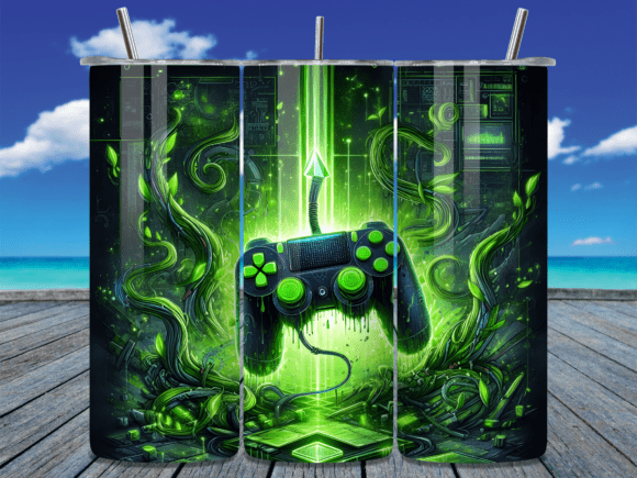 Green Neon Gaming Controller Tumbler: A Digital Wrap for Custom Skinny Tumblers
