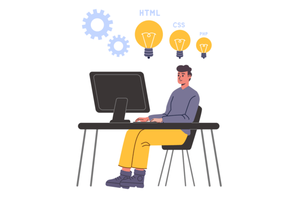 Man with Laptop Working. Gaming Development: A Visual That Sells Creativity and Code