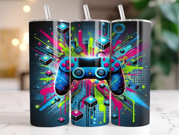 Neon Splatter Gaming Controller Tumbler: A Digital Sublimation Design for Custom Creations