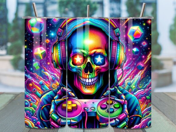 Rainbow Skull Neon Gaming Tumbler Wrap: A Digital Design for Custom Tumblers