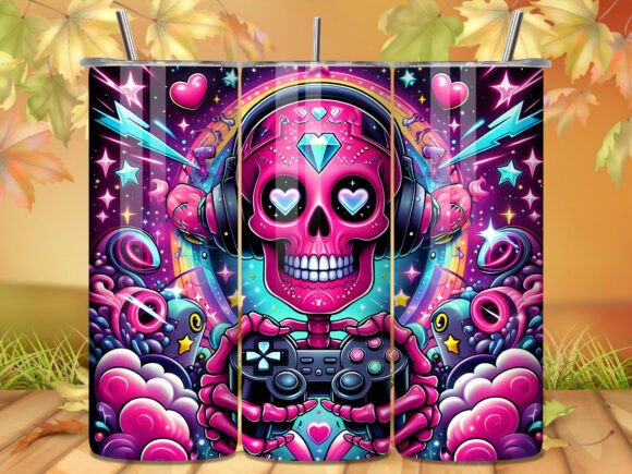 Skull Gaming Diamond Heart Eyes Tumbler: Digital Sublimation Design for 20 oz Mugs